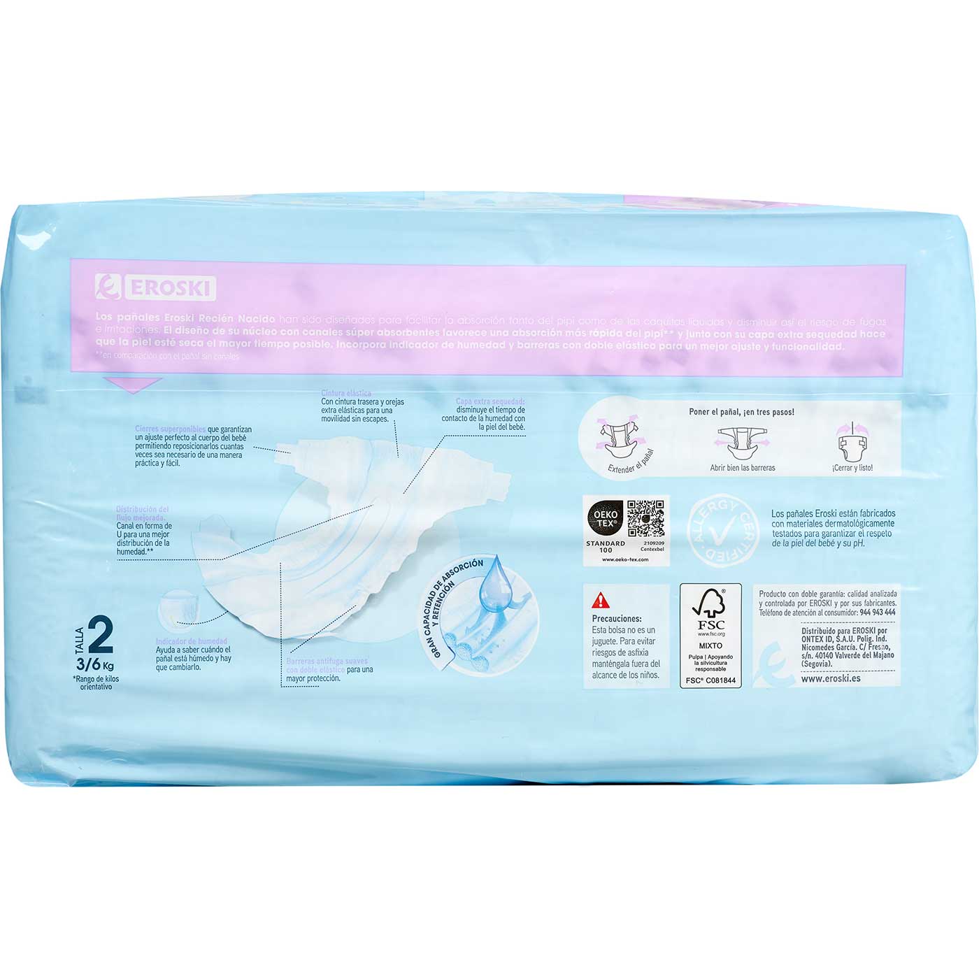 Pañal 3-5 kg T2 canales super absorbentes EROSKI, paquete 40 uds