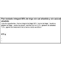 Pan tostado 85% integral s/ sal s/ azúcar RECONDO, paquete 540 g